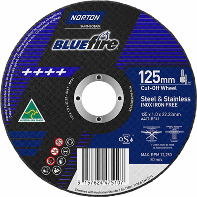 125mm x 1mm x 22.2mm Norton Bluefire COW Iron Free - BOX 25